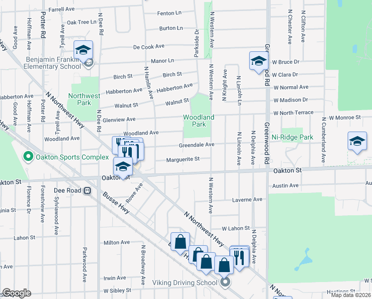 map of restaurants, bars, coffee shops, grocery stores, and more near 1617 Greendale Avenue in Park Ridge