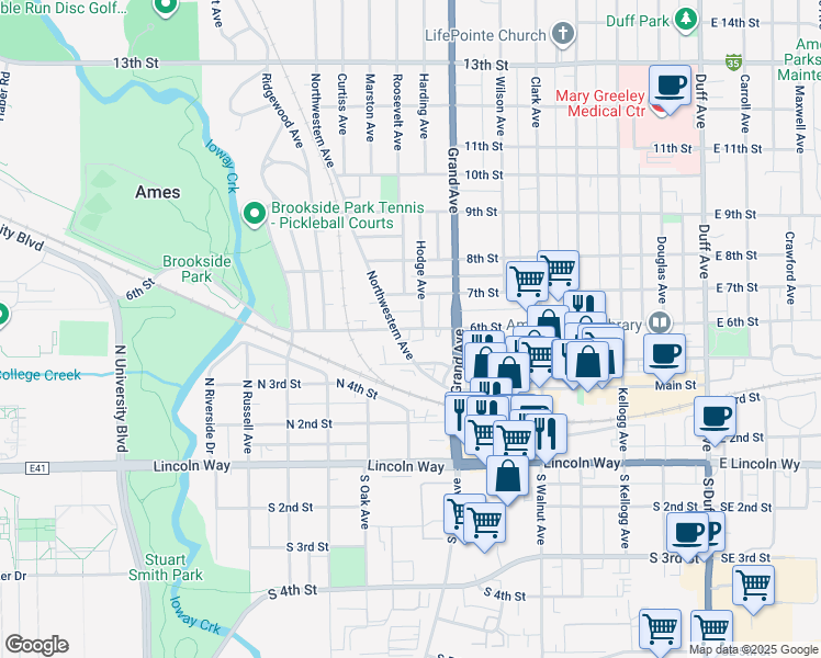 map of restaurants, bars, coffee shops, grocery stores, and more near 6th Street in Ames