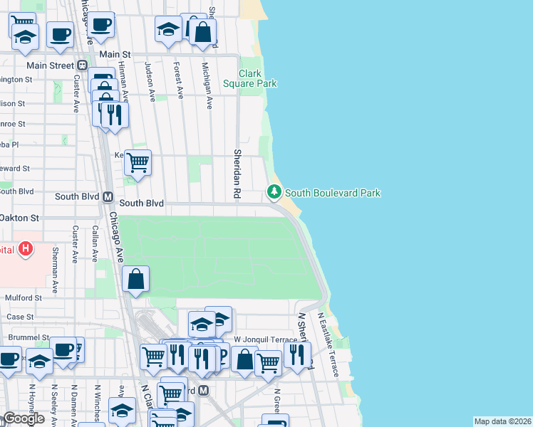 map of restaurants, bars, coffee shops, grocery stores, and more near 494 Sheridan Road in Evanston