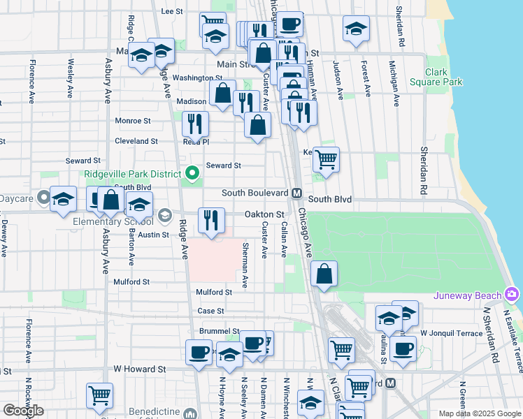 map of restaurants, bars, coffee shops, grocery stores, and more near in Evanston