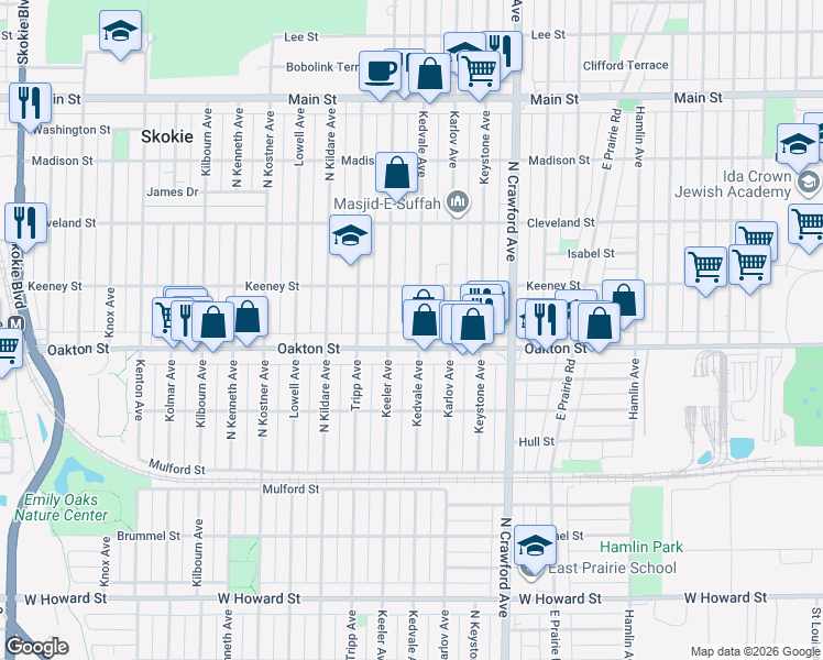 map of restaurants, bars, coffee shops, grocery stores, and more near 8022 Kedvale Avenue in Skokie