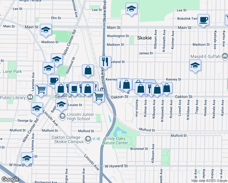 map of restaurants, bars, coffee shops, grocery stores, and more near 8020 Kilpatrick Avenue in Skokie