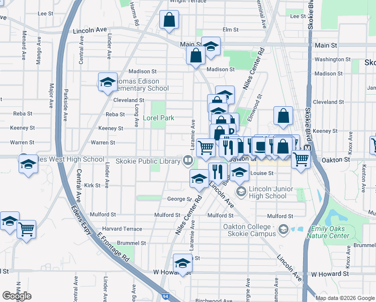 map of restaurants, bars, coffee shops, grocery stores, and more near 5200 Laramie Avenue in Skokie