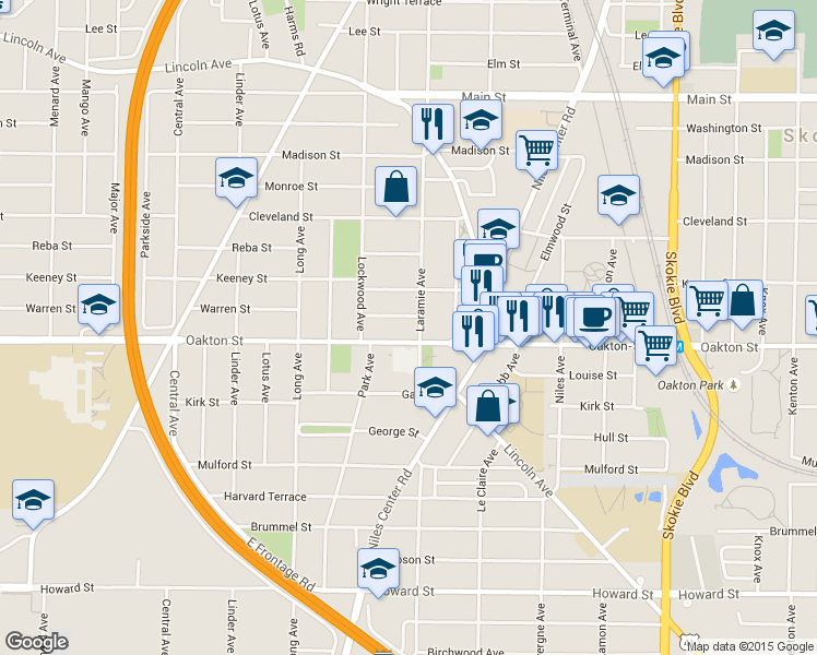 map of restaurants, bars, coffee shops, grocery stores, and more near 5200 Laramie Avenue in Skokie