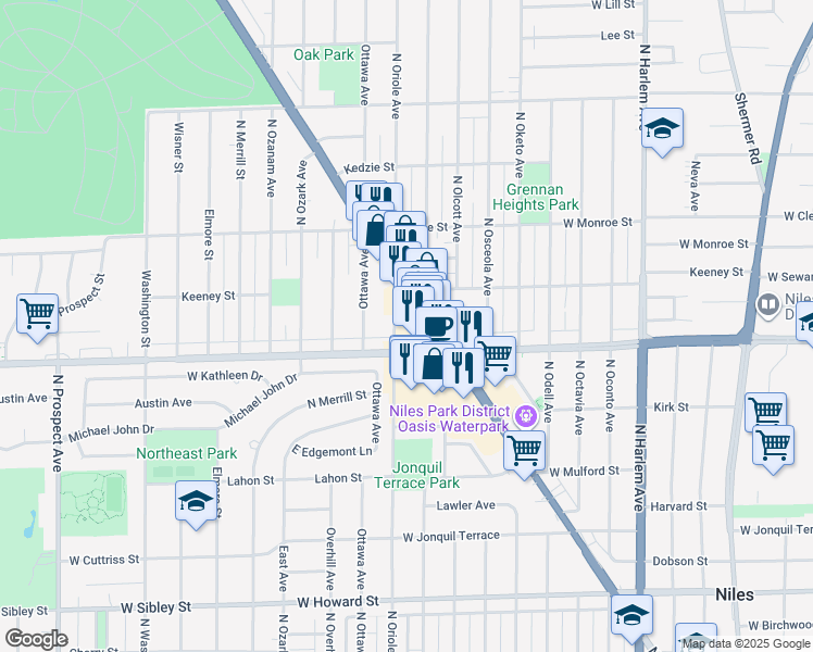 map of restaurants, bars, coffee shops, grocery stores, and more near 8037 North Oriole Avenue in Niles