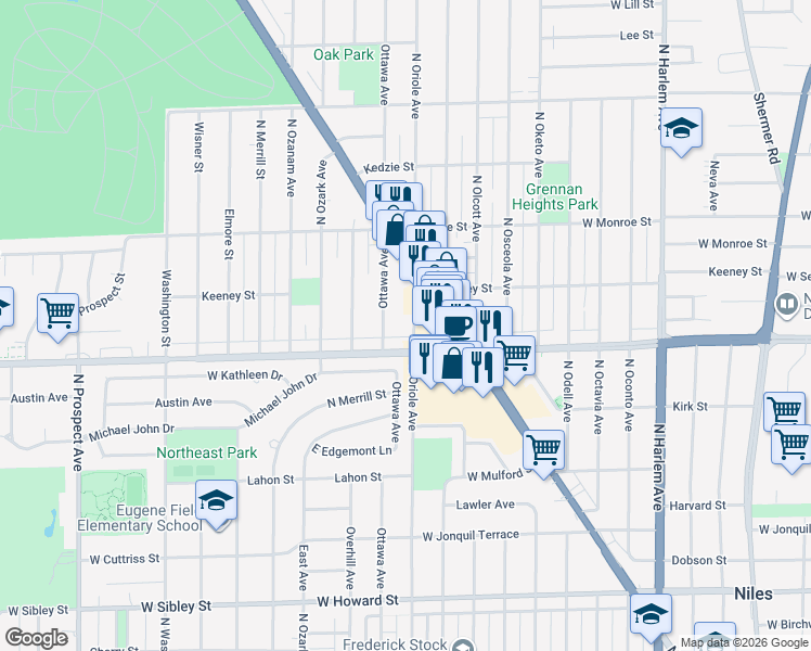 map of restaurants, bars, coffee shops, grocery stores, and more near 8037 North Oriole Avenue in Niles