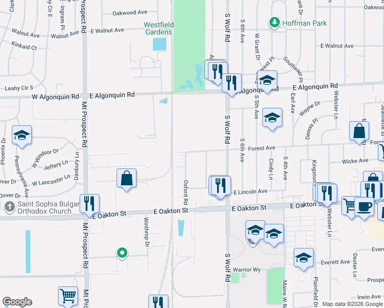 map of restaurants, bars, coffee shops, grocery stores, and more near 1405 Oxford Road in Des Plaines
