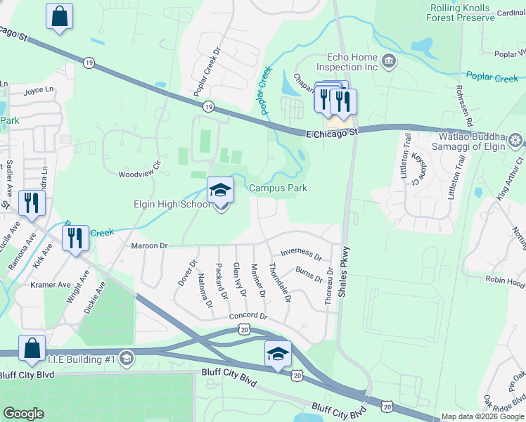 map of restaurants, bars, coffee shops, grocery stores, and more near 1286 Thorndale Court in Elgin