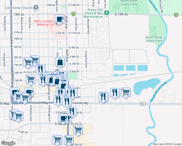 map of restaurants, bars, coffee shops, grocery stores, and more near 316 East 6th Street in Ames