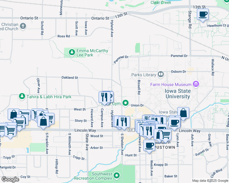 map of restaurants, bars, coffee shops, grocery stores, and more near 250 North Hyland Avenue in Ames