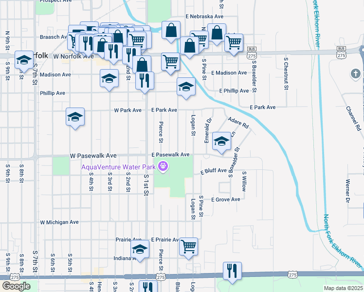 map of restaurants, bars, coffee shops, grocery stores, and more near 401-699 Blaine St in Norfolk