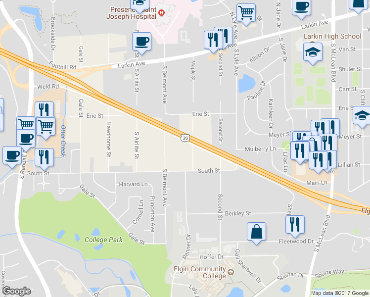 map of restaurants, bars, coffee shops, grocery stores, and more near 10N856 Maple Street in Elgin