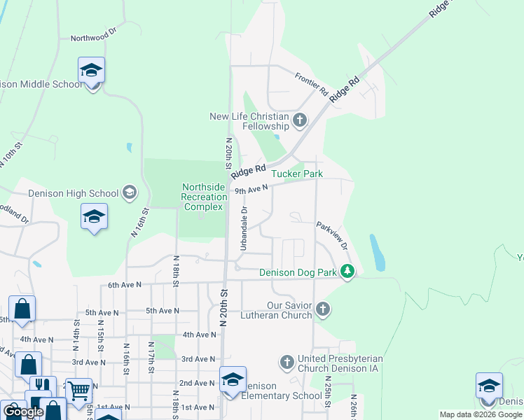 map of restaurants, bars, coffee shops, grocery stores, and more near 2198 Grandview Drive in Denison
