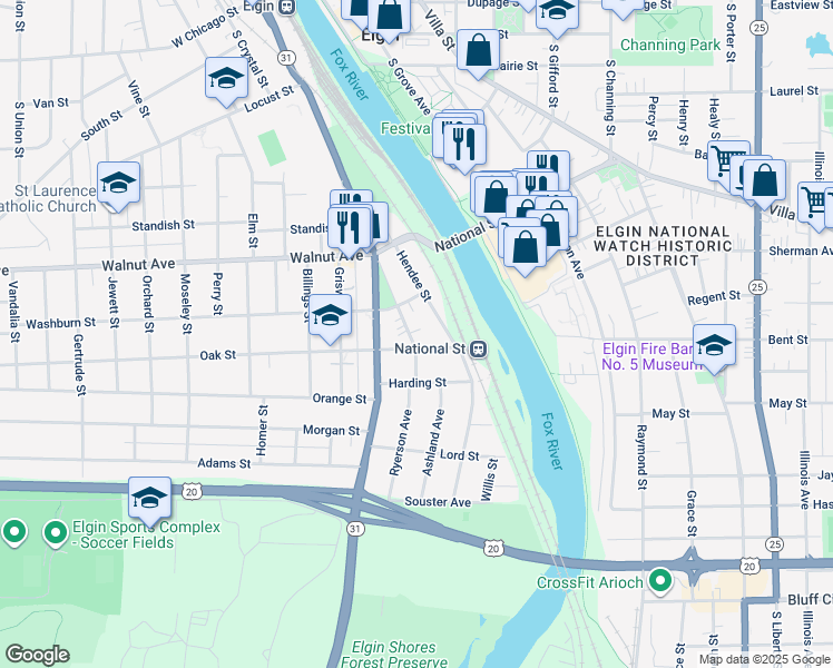 map of restaurants, bars, coffee shops, grocery stores, and more near 379 Ryerson Avenue in Elgin