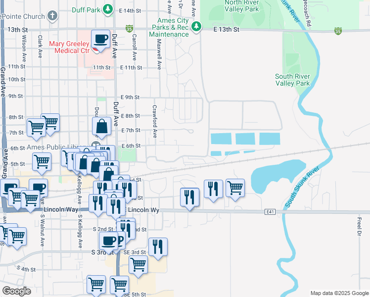 map of restaurants, bars, coffee shops, grocery stores, and more near 422 East 6th Street in Ames