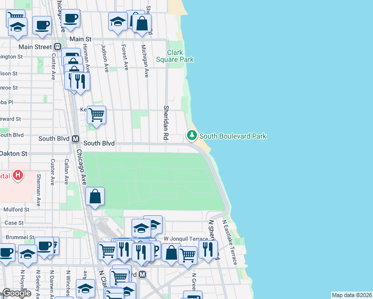 map of restaurants, bars, coffee shops, grocery stores, and more near 494 Sheridan Road in Evanston
