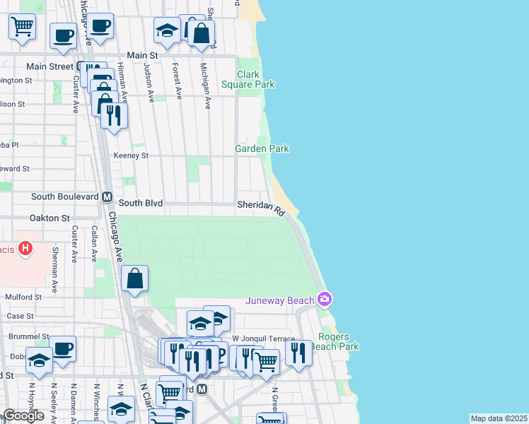 map of restaurants, bars, coffee shops, grocery stores, and more near 470 Sheridan Road in Evanston