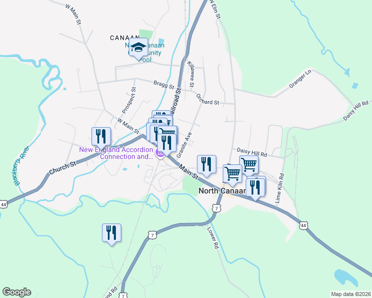 map of restaurants, bars, coffee shops, grocery stores, and more near 26 Granite Avenue in Canaan