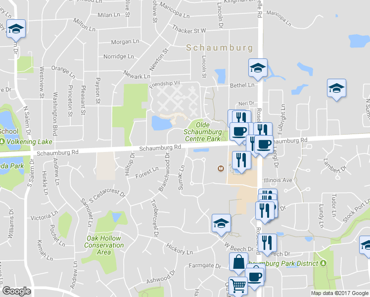 map of restaurants, bars, coffee shops, grocery stores, and more near 10 Sumac Lane in Schaumburg