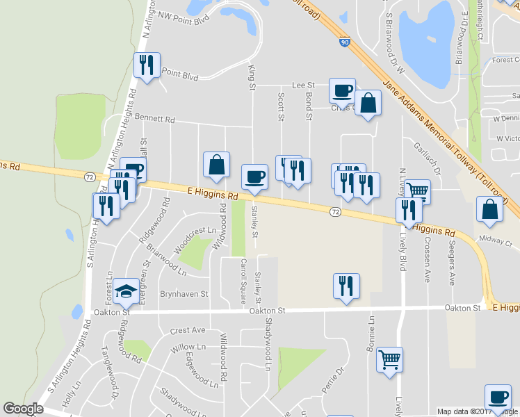 map of restaurants, bars, coffee shops, grocery stores, and more near 811 East Higgins Road in Elk Grove Village