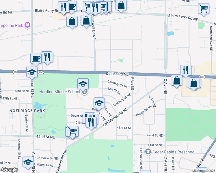 map of restaurants, bars, coffee shops, grocery stores, and more near 4427 Lee Street Northeast in Cedar Rapids