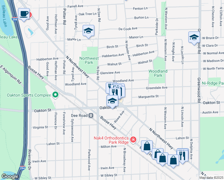 map of restaurants, bars, coffee shops, grocery stores, and more near 1113 Fortuna Ave in Park Ridge