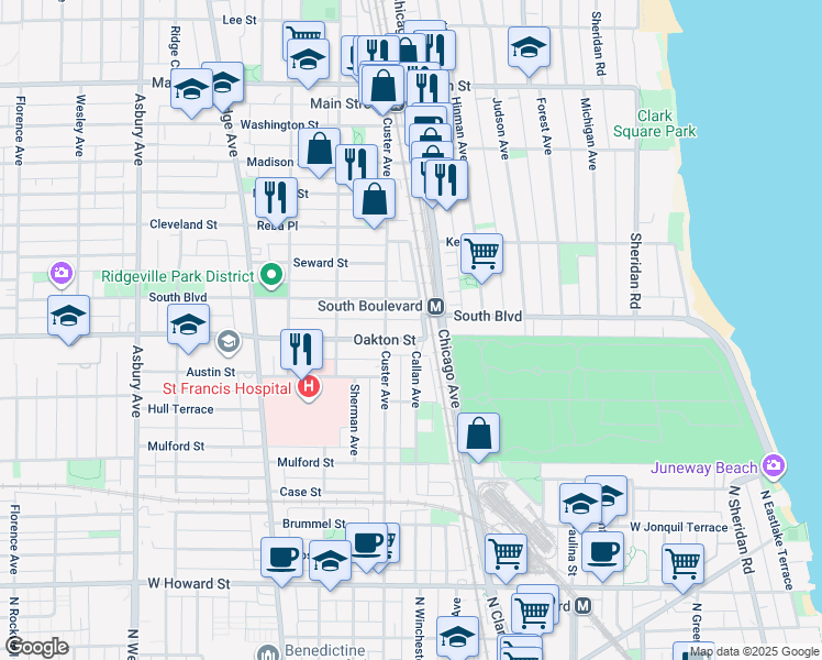 map of restaurants, bars, coffee shops, grocery stores, and more near 609 Oakton Street in Evanston