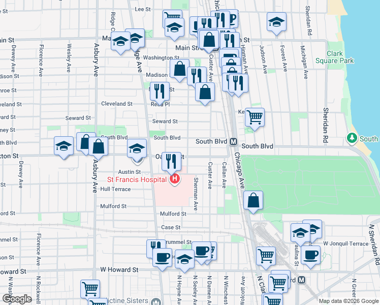 map of restaurants, bars, coffee shops, grocery stores, and more near 507 Sherman Avenue in Evanston