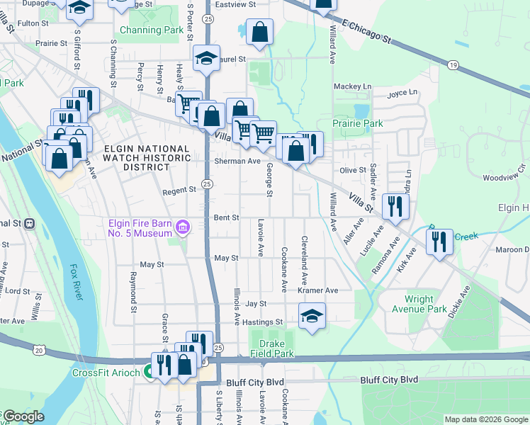 map of restaurants, bars, coffee shops, grocery stores, and more near 476 George Street in Elgin