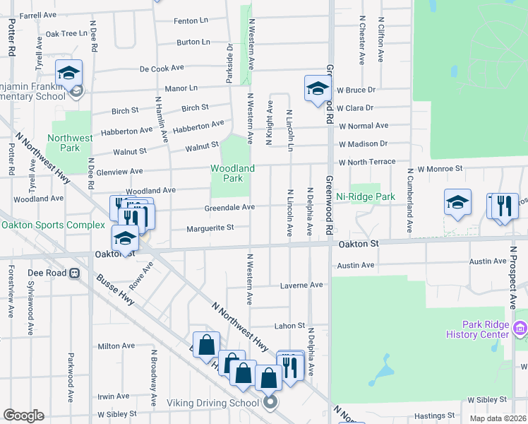 map of restaurants, bars, coffee shops, grocery stores, and more near 1040 North Knight Avenue in Park Ridge