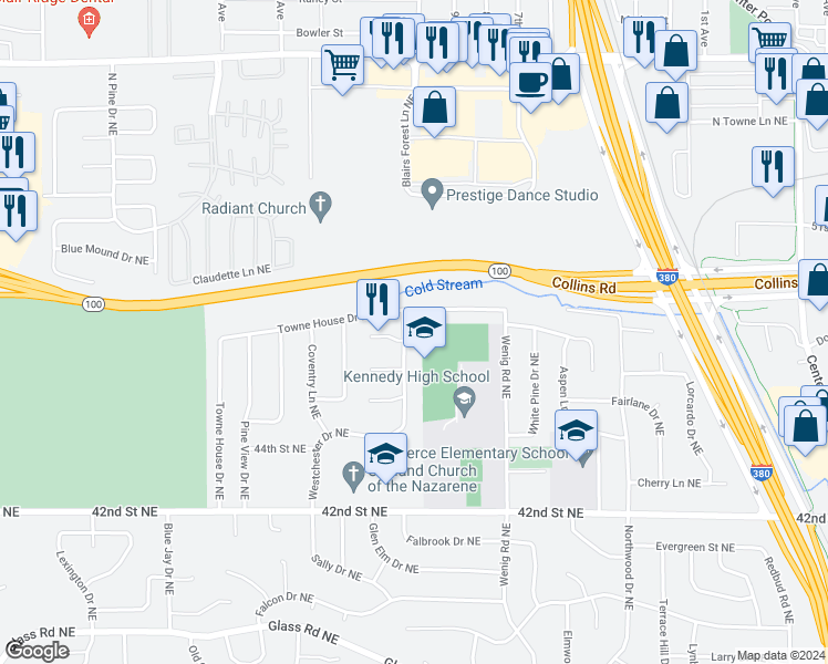 map of restaurants, bars, coffee shops, grocery stores, and more near 4710 Westchester Drive Northeast in Cedar Rapids