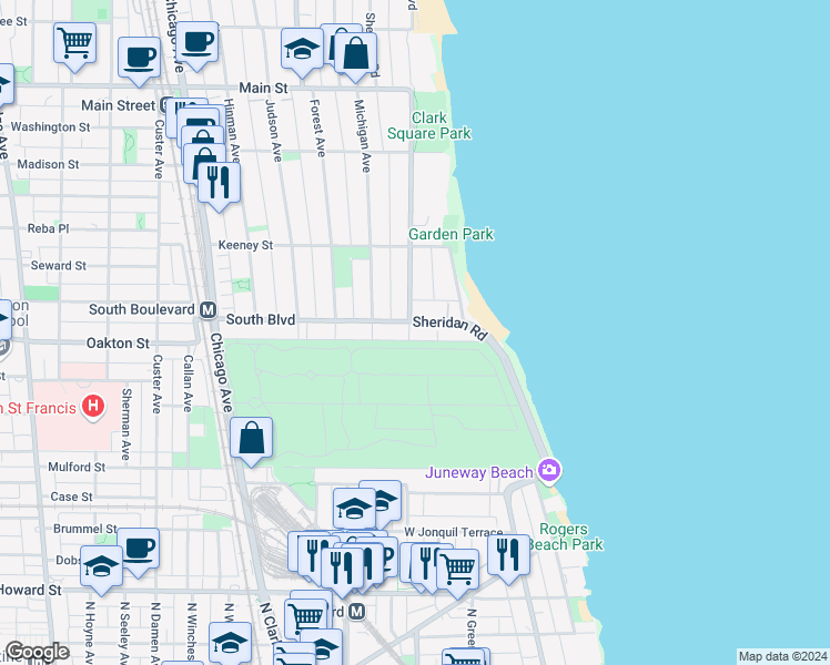 map of restaurants, bars, coffee shops, grocery stores, and more near 518 Sheridan Road in Evanston