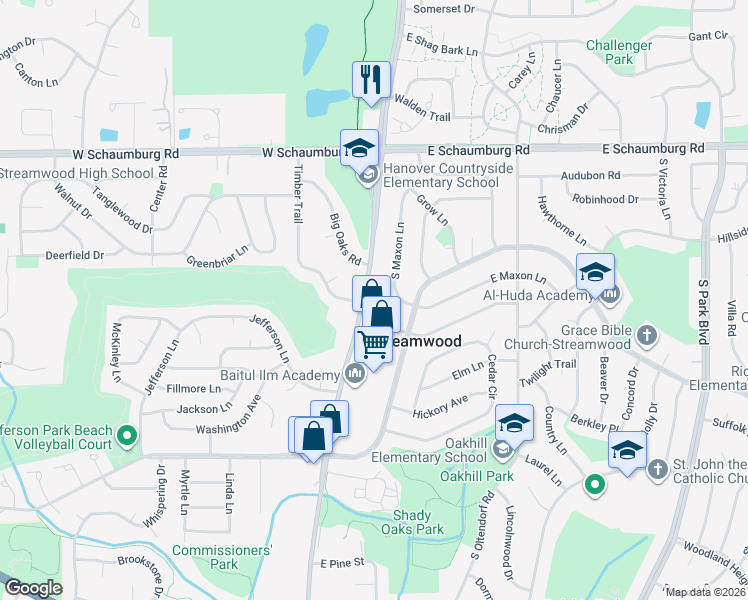 map of restaurants, bars, coffee shops, grocery stores, and more near 211 South Bartlett Road in Streamwood