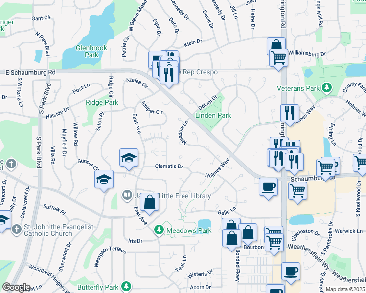 map of restaurants, bars, coffee shops, grocery stores, and more near 2845 Meadow Lane in Schaumburg
