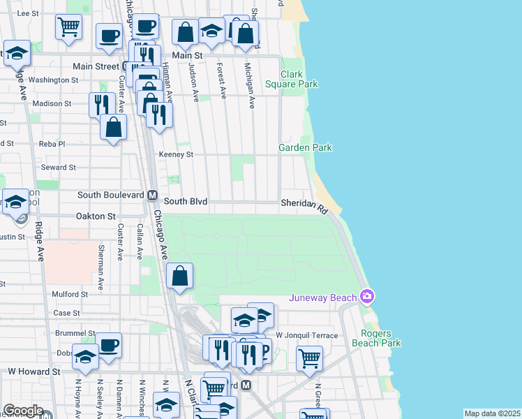 map of restaurants, bars, coffee shops, grocery stores, and more near 503 Michigan Avenue in Evanston
