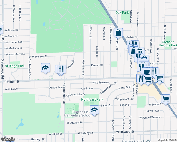 map of restaurants, bars, coffee shops, grocery stores, and more near 8040 Wisner Street in Niles
