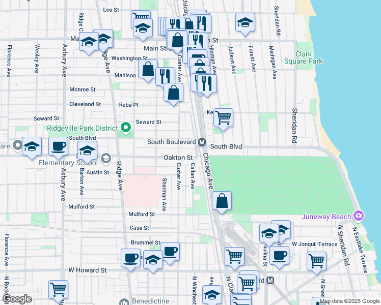 map of restaurants, bars, coffee shops, grocery stores, and more near 609 Oakton Street in Evanston