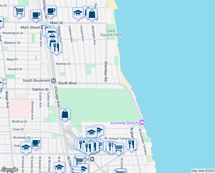 map of restaurants, bars, coffee shops, grocery stores, and more near 510 Sheridan Road in Evanston