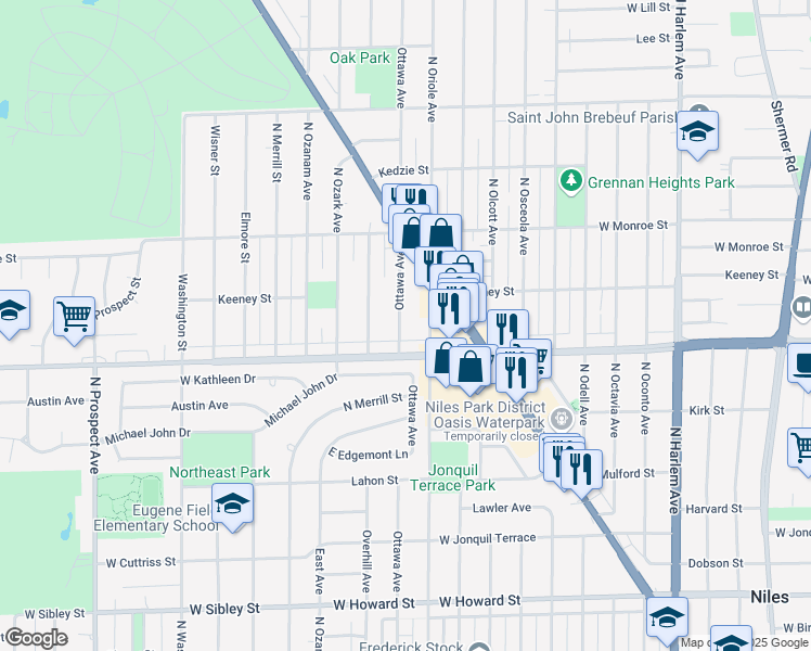 map of restaurants, bars, coffee shops, grocery stores, and more near 8027 Ottawa Avenue in Niles
