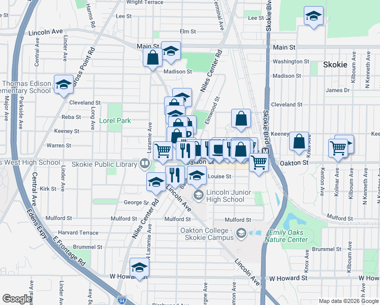 map of restaurants, bars, coffee shops, grocery stores, and more near in Skokie
