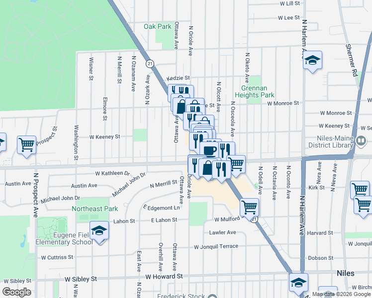 map of restaurants, bars, coffee shops, grocery stores, and more near 8037 North Oriole Avenue in Niles