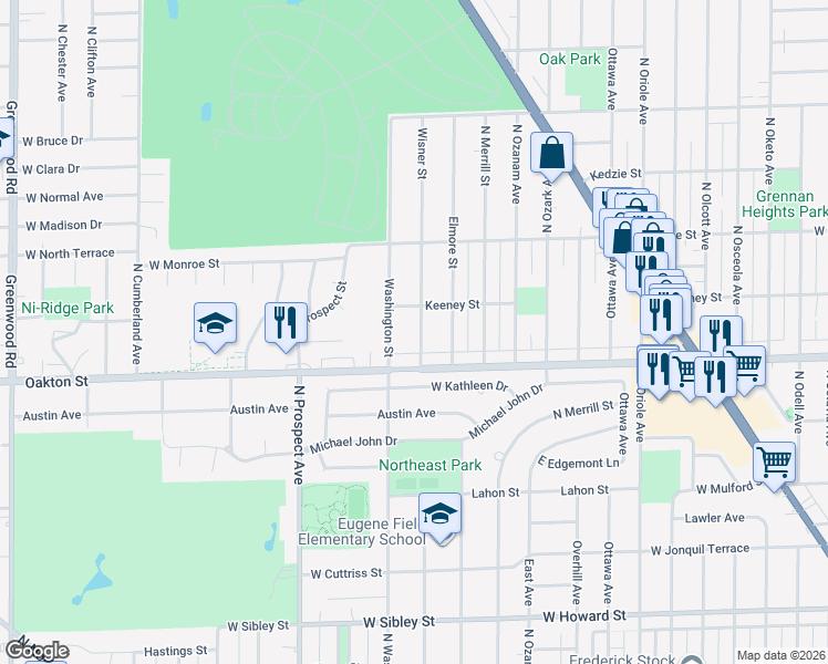 map of restaurants, bars, coffee shops, grocery stores, and more near 8040 Wisner Street in Niles