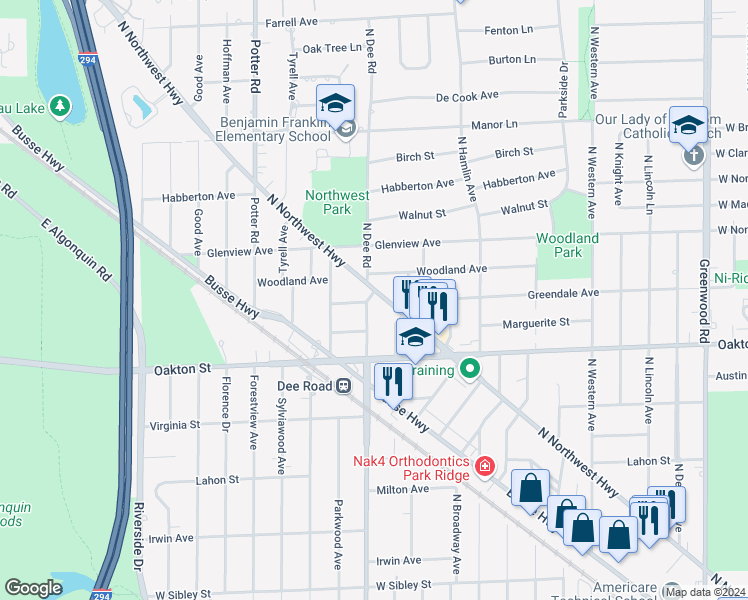 map of restaurants, bars, coffee shops, grocery stores, and more near 1086 North Northwest Highway in Park Ridge