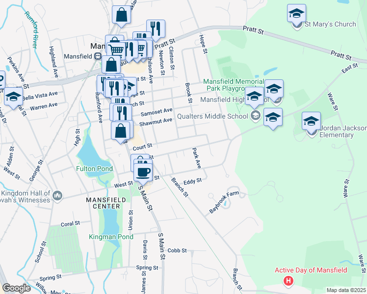 map of restaurants, bars, coffee shops, grocery stores, and more near 94 Park Street in Mansfield