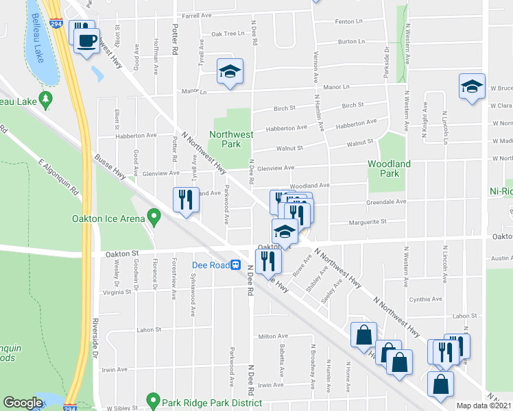map of restaurants, bars, coffee shops, grocery stores, and more near 1086 North Northwest Highway in Park Ridge