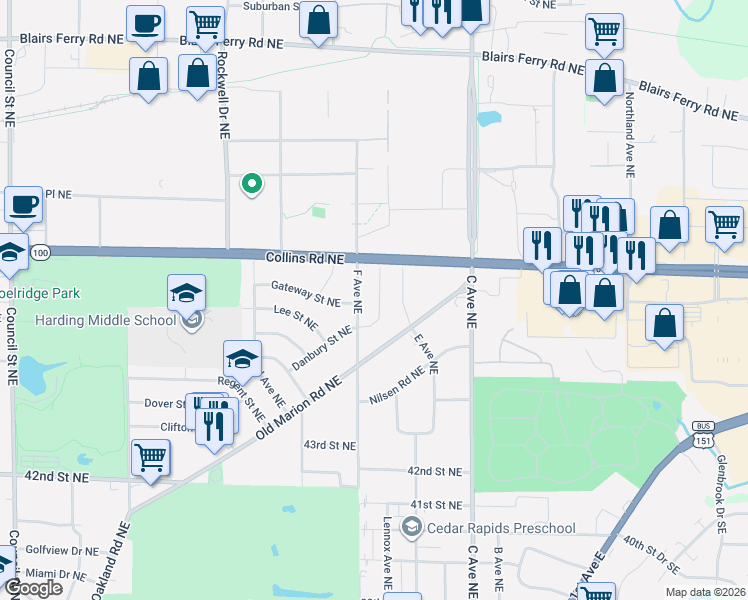 map of restaurants, bars, coffee shops, grocery stores, and more near 4726 Danbury Street Northeast in Cedar Rapids