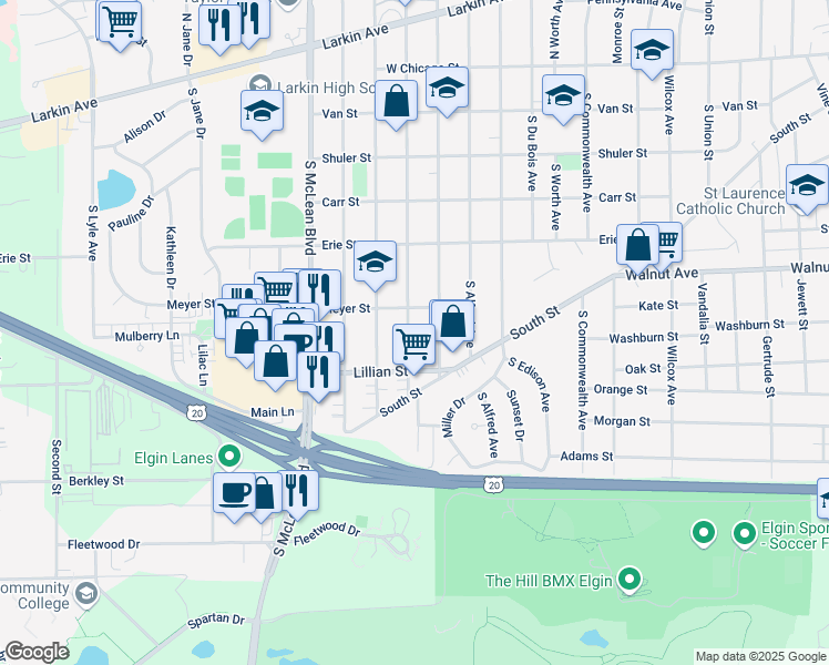 map of restaurants, bars, coffee shops, grocery stores, and more near 273 South Melrose Avenue in Elgin