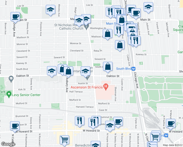 map of restaurants, bars, coffee shops, grocery stores, and more near 500 Ridge Avenue in Evanston
