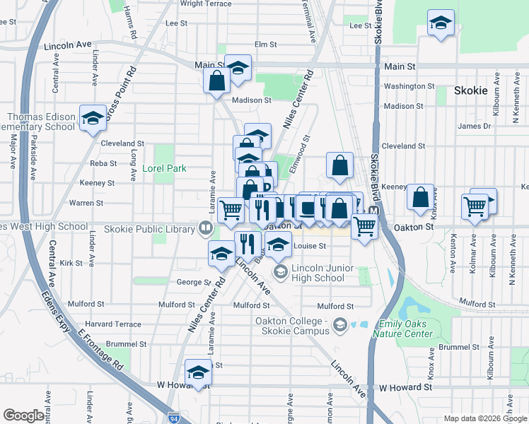 map of restaurants, bars, coffee shops, grocery stores, and more near 8019 Lincoln Avenue in Skokie