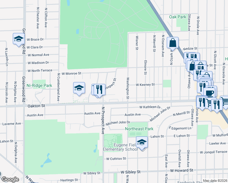 map of restaurants, bars, coffee shops, grocery stores, and more near 8048 West Prospect Court in Niles